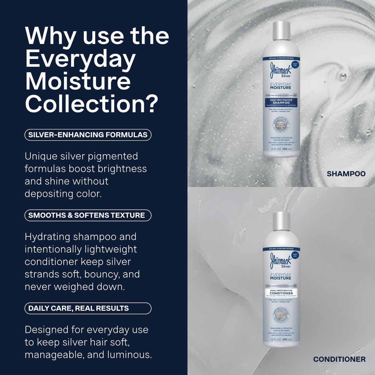 jhirmack shampoo and conditioner on bathroom shelf for daily routine