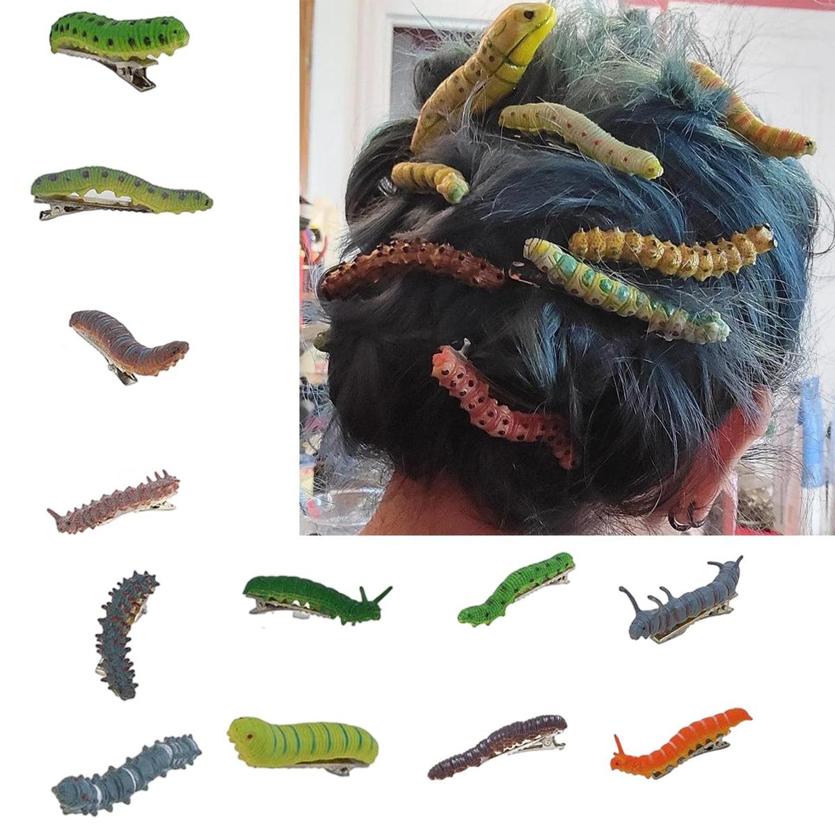 JINBUYAO front view of 12 caterpillar clips showing colorful set and variety