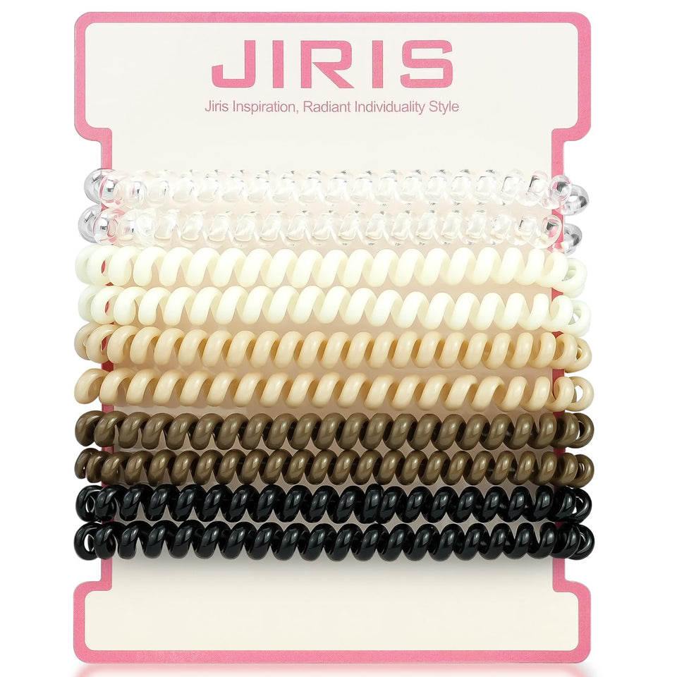 JIRIS front packaging showing 10-pack assorted small spiral hair ties and clear labeling, durable hold