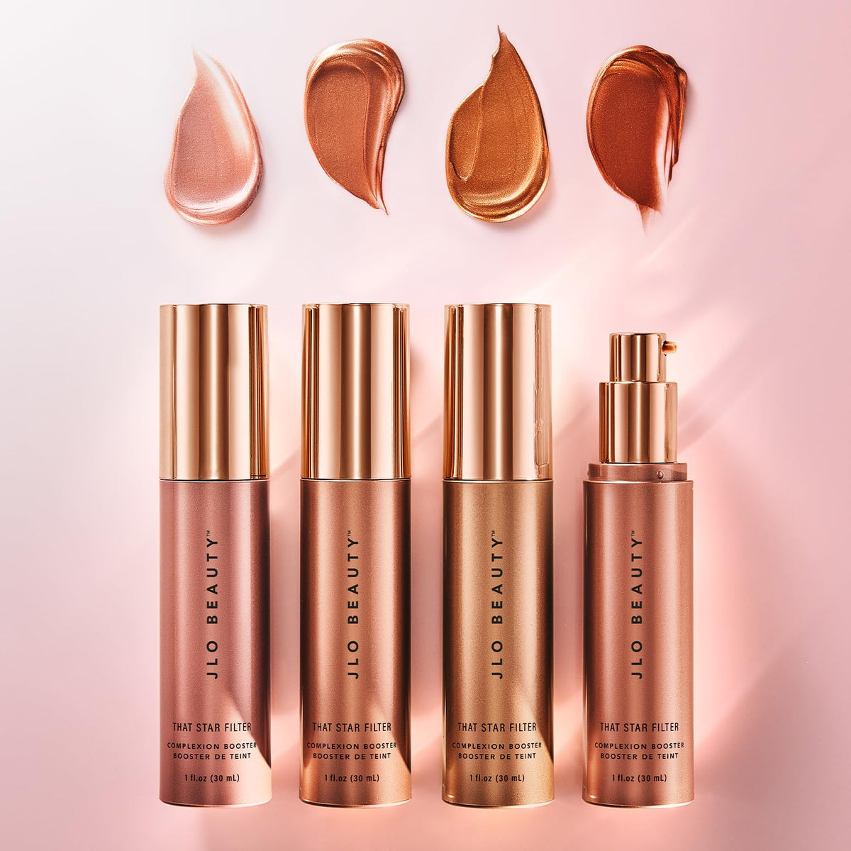 JLO BEAUTY on shoulder highlighting collarbone in lifestyle shot, glow-enhancing result