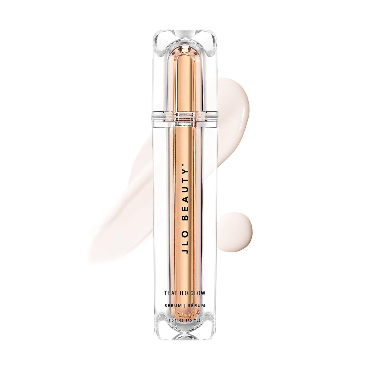 JLO BEAUTY front bottle of brightening face serum showing sleek packaging and glow benefit