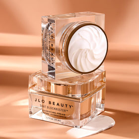 JLO BEAUTY on bathroom vanity in lifestyle shot showing daily routine benefit
