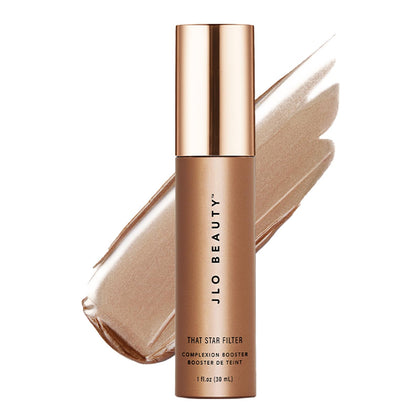 JLO BEAUTY front packaging shows rose gold dropper and sleek bottle, enhances glow