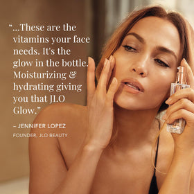 JLO BEAUTY pump and label close-up highlighting formulation details and easy dispensing