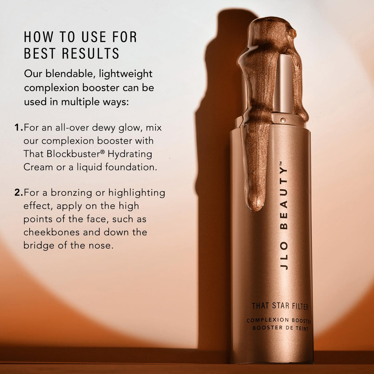 JLO BEAUTY sheer liquid texture close-up, lightweight blendability for dewy finish