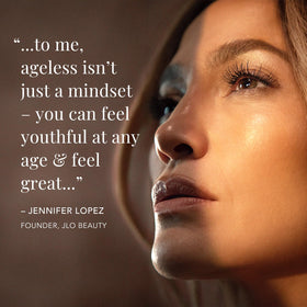 JLO BEAUTY close-up label highlighting niacinamide and hyaluronic acid benefits