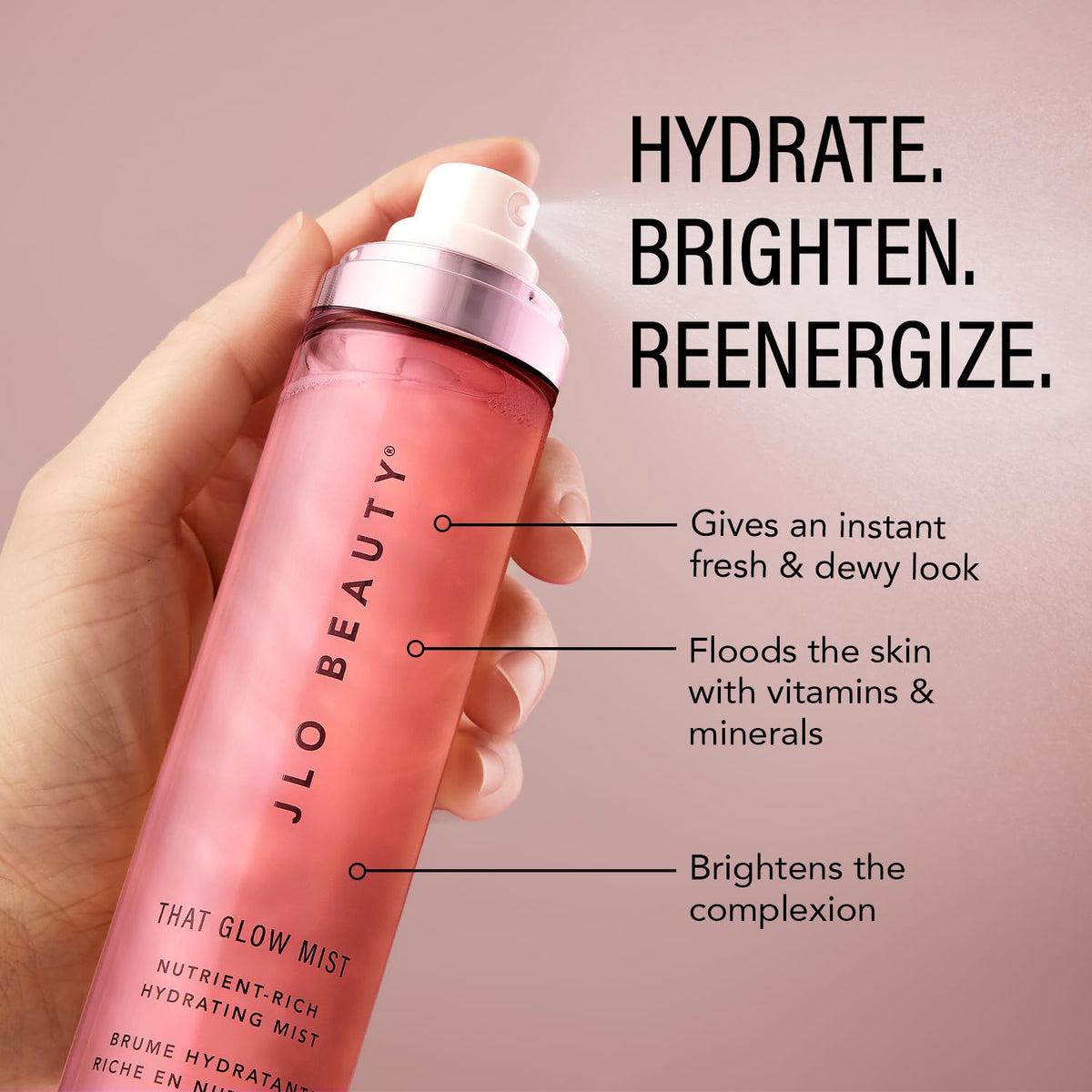 JLO BEAUTY mist spraying fine dewy veil to instantly refresh skin