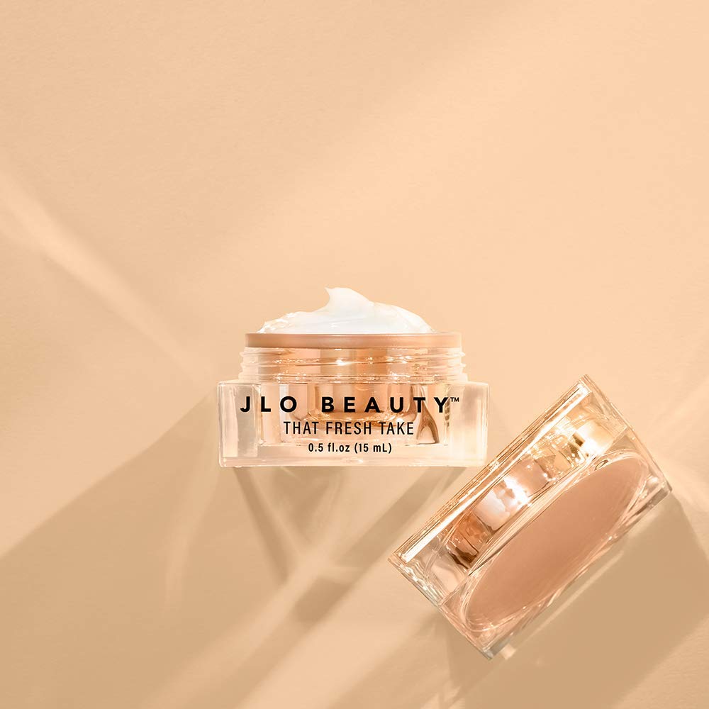 JLO BEAUTY comparison visual suggesting brighter-looking under eyes after use