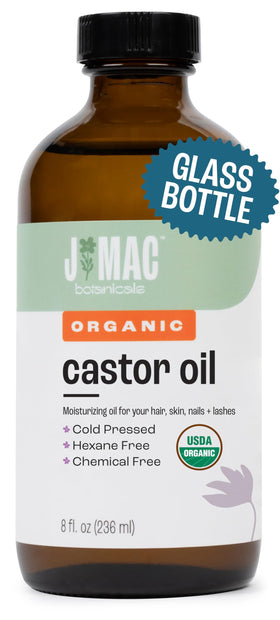 J MAC BOTANICALS amber glass bottle front view showing organic castor oil benefit preservation