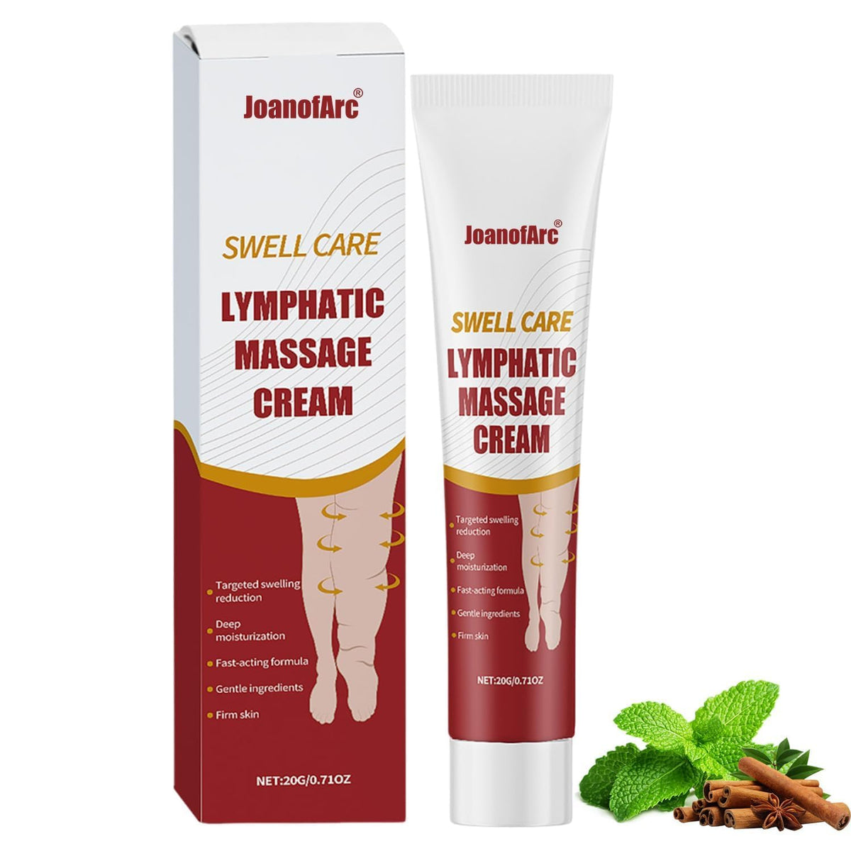 JoanofArc front packaging showing leg balm, highlights portability and ease