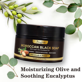 joanssore argan and eucalyptus oils and natural ingredients displayed