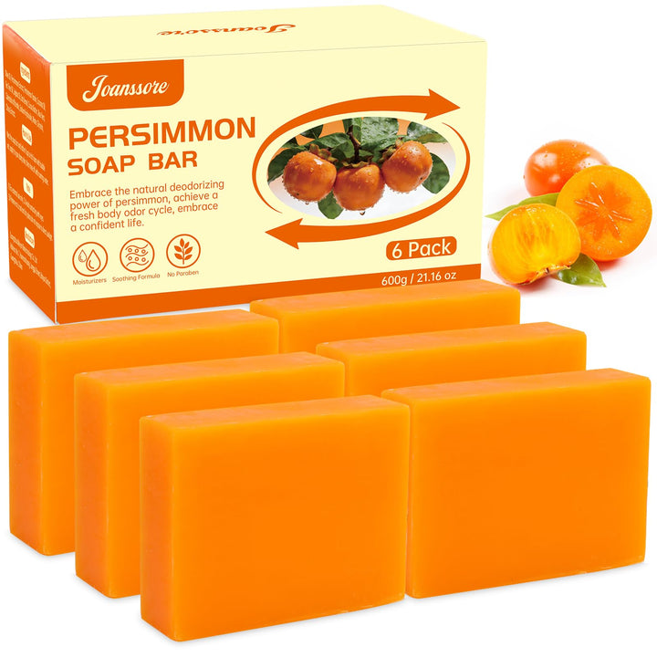 Joanssore front packaging showing six persimmon soap bars and benefits