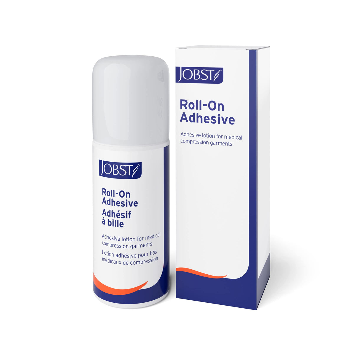 JOBST roll-on adhesive front bottle showing compact travel-friendly packaging and easy grip