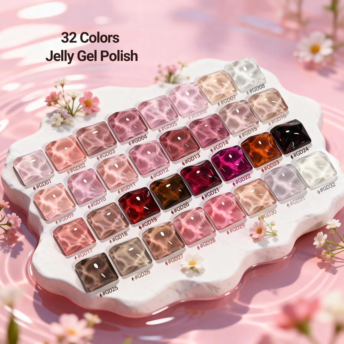 JODSONE display of all 32 jelly gel colors for wide shade selection benefit