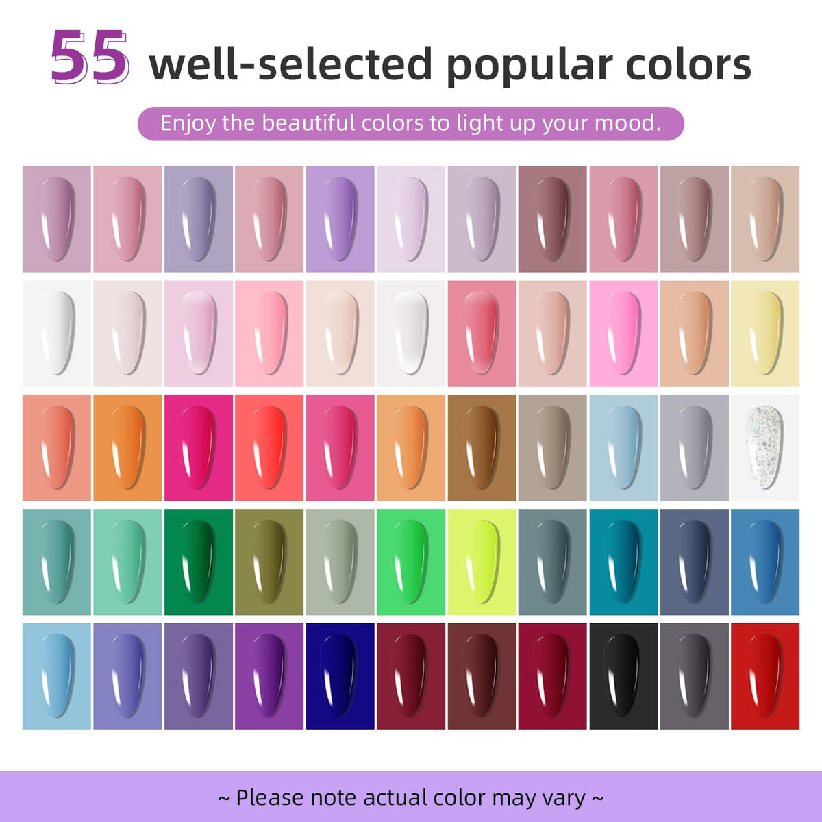JODSONE 55 gel polish colors arranged to show shade variety and inspiration