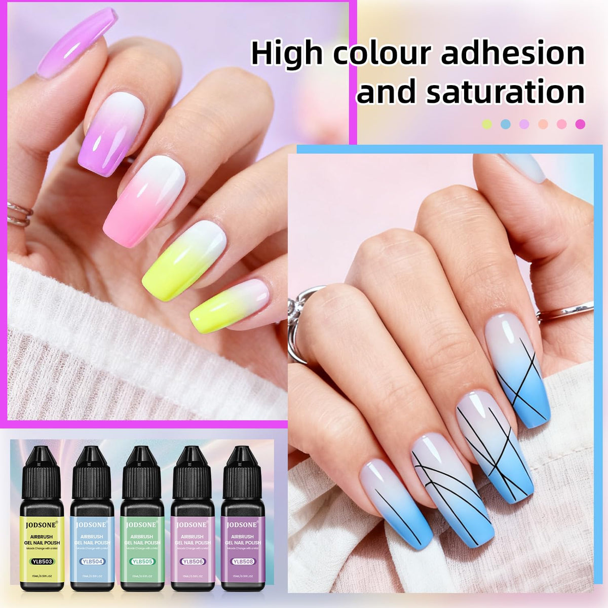 JODSONE airbrush in use on nail showing quick ombre application benefit