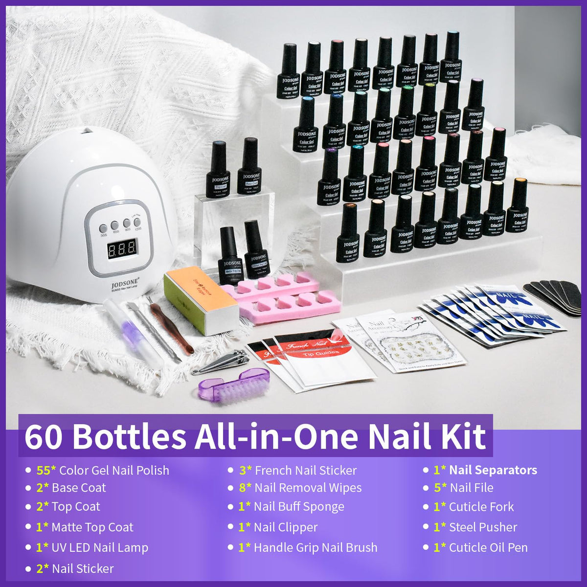 JODSONE 55 gel polish color array flat lay, demonstrates shade variety