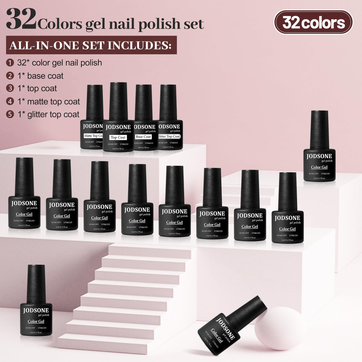 JODSONE color array flat lay highlighting 32 shades for versatile nail looks