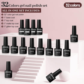 JODSONE color array flat lay highlighting 32 shades for versatile nail looks