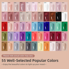 JODSONE color array flatlay displaying 55 gel shades for creative choices