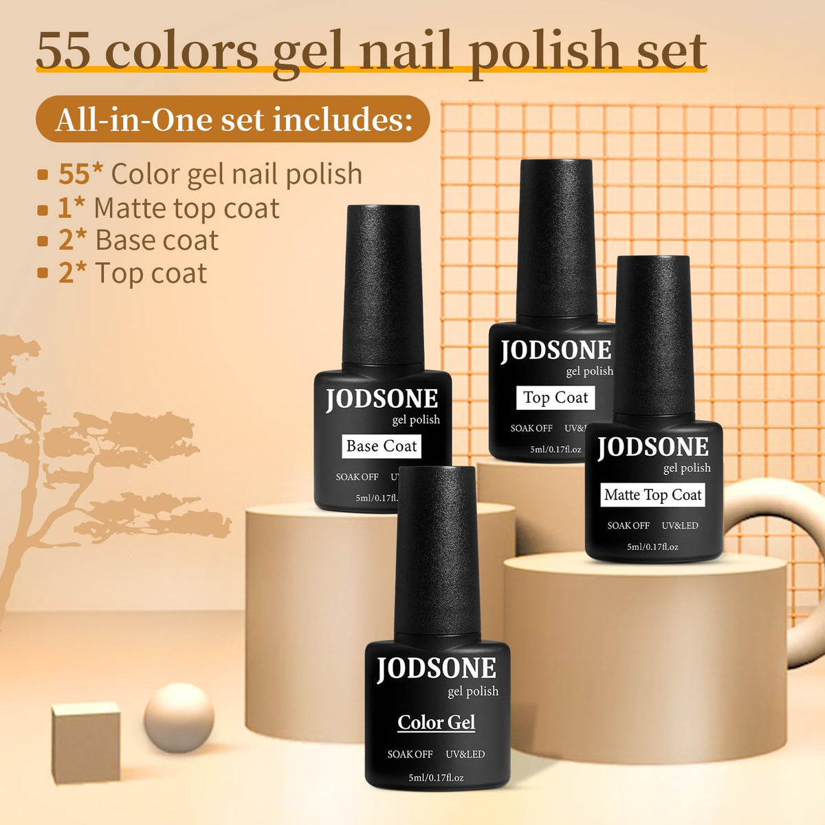 JODSONE color array flatlay showcasing 55 shades and multiple finishes for options