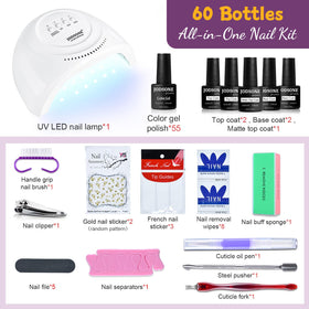 JODSONE color array flatlay displaying 55 gel shades for versatile manicures