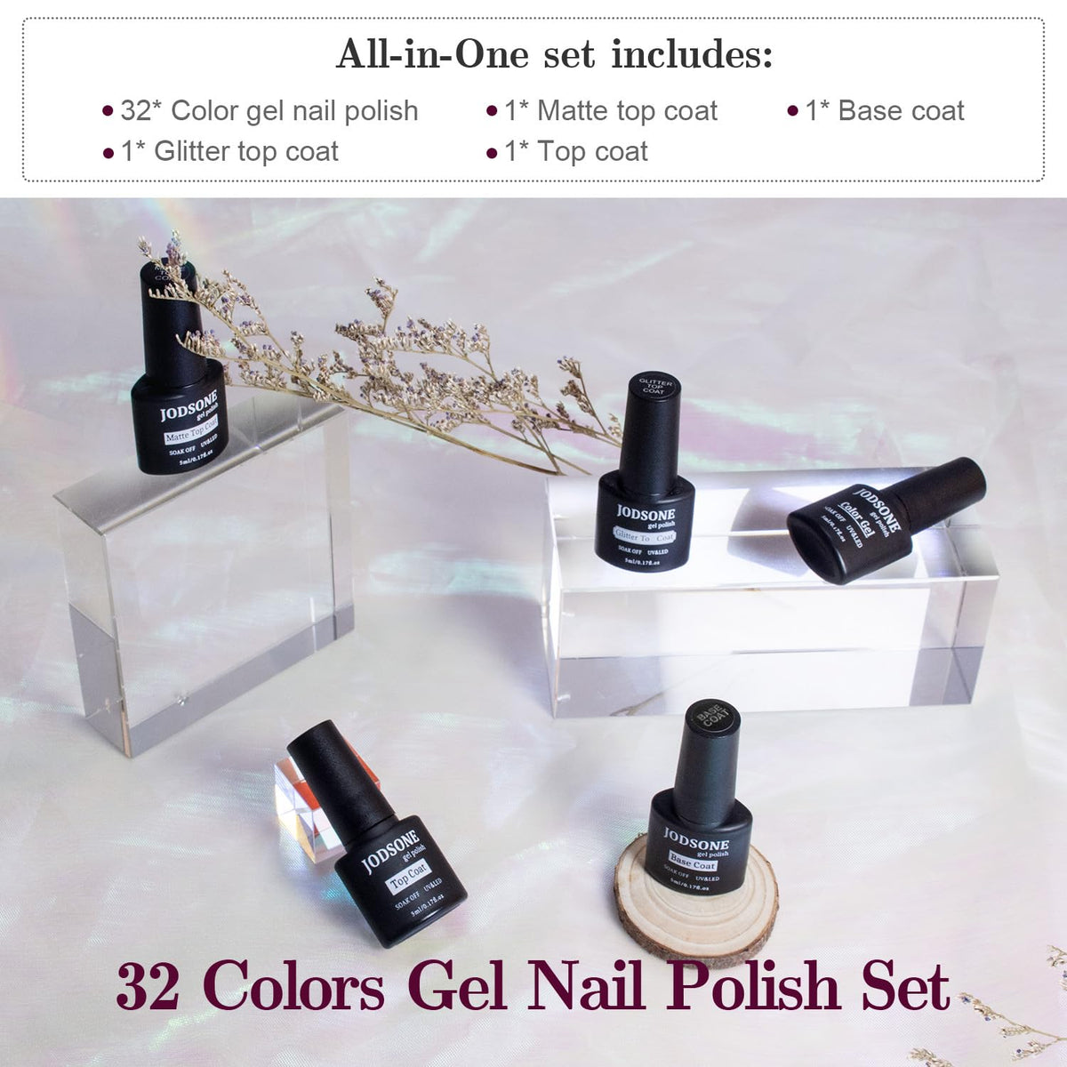 JODSONE overhead layout of 32 color bottles displaying shade variety
