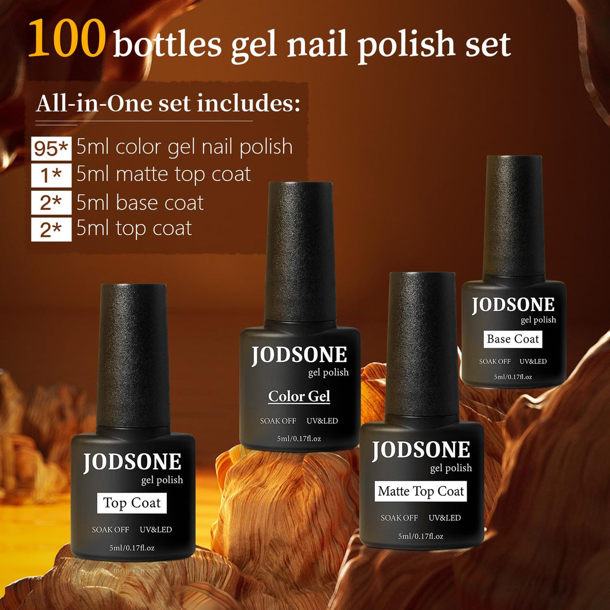 JODSONE colorful array of 95 gel polish bottles highlighting variety and creative options