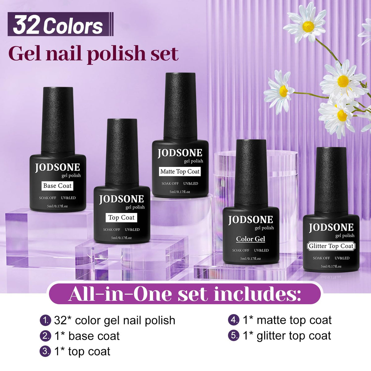 JODSONE color row display of 32 gel shades, offers variety for creative nail looks