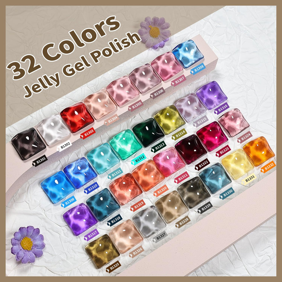 JODSONE color swatch array of 32 translucent shades — easy shade selection benefit