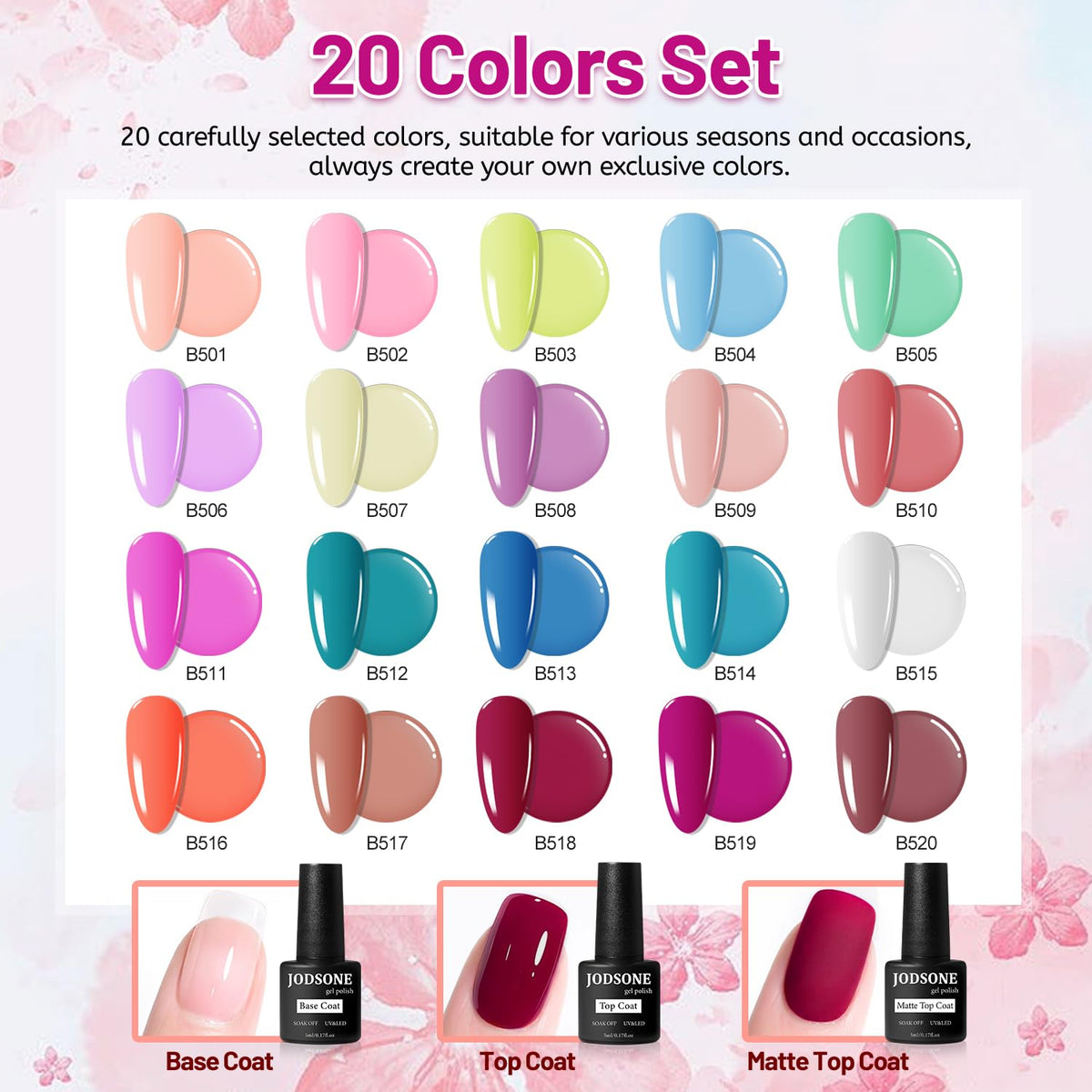 JODSONE color swatch fan displaying 20 vibrant shades for easy selection