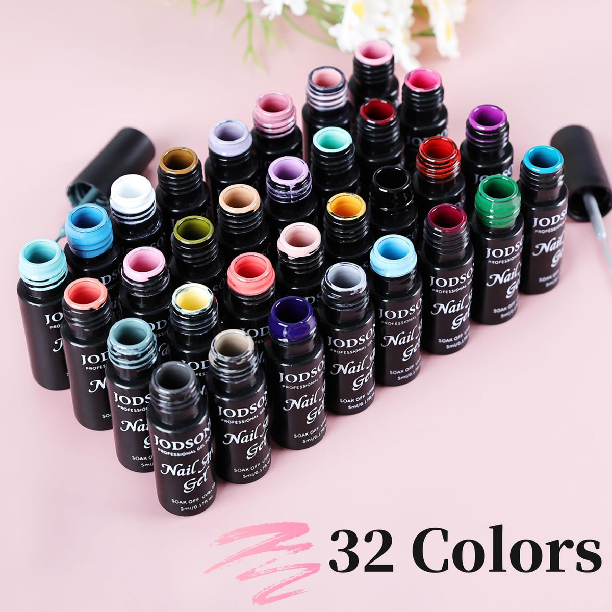JODSONE fan of 32 color swatches showing vivid gel liner shades