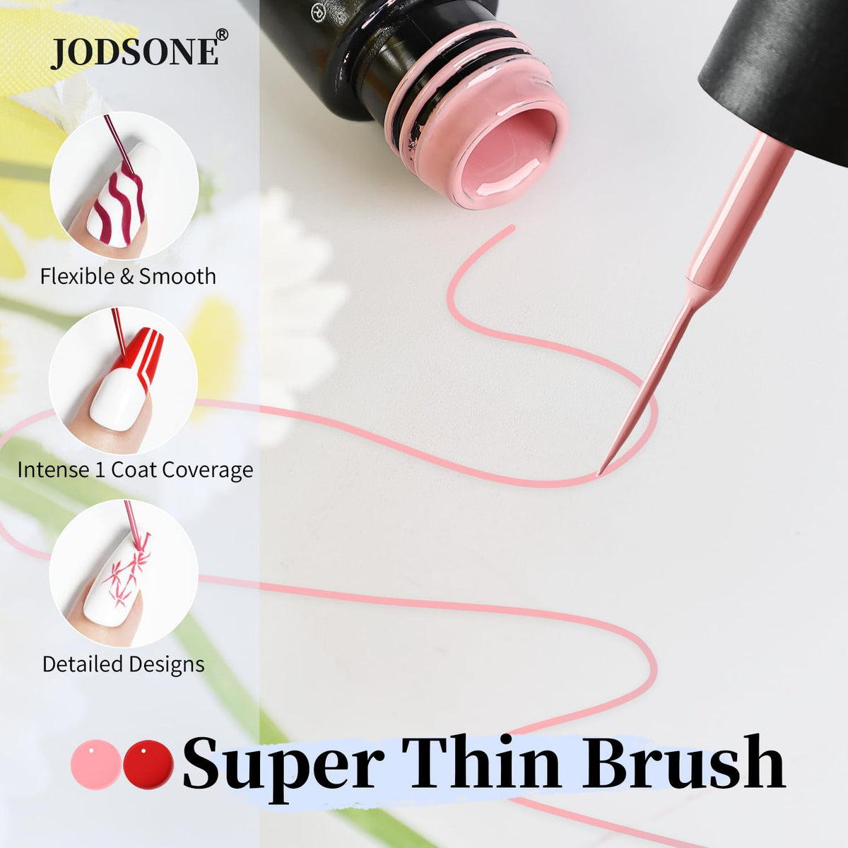 JODSONE cured nail detail with crisp lines and glossy finish, long-lasting look