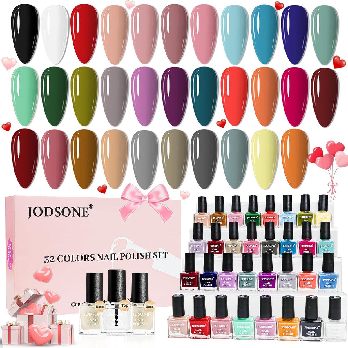 JODSONE front packaging showing colorful 32-color kit and gift box benefit