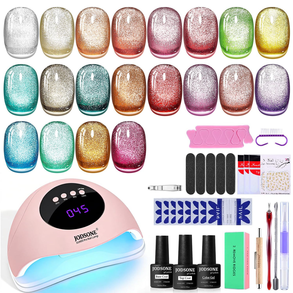 JODSONE front packaging showing all 20 cat eye gel bottles and box, clear organization benefit