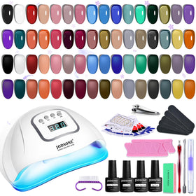 JODSONE front packaging showing 32 jelly gel bottles and included lamp, highlights full kit benefit