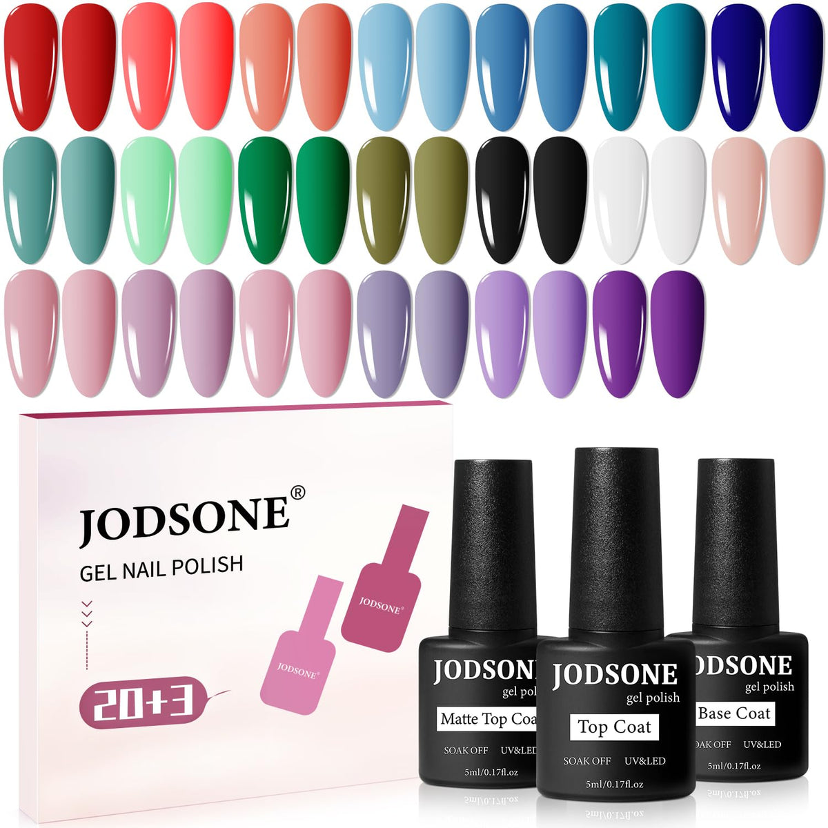 JODSONE front packaging display showing 23-piece gel set and included bottles for variety
