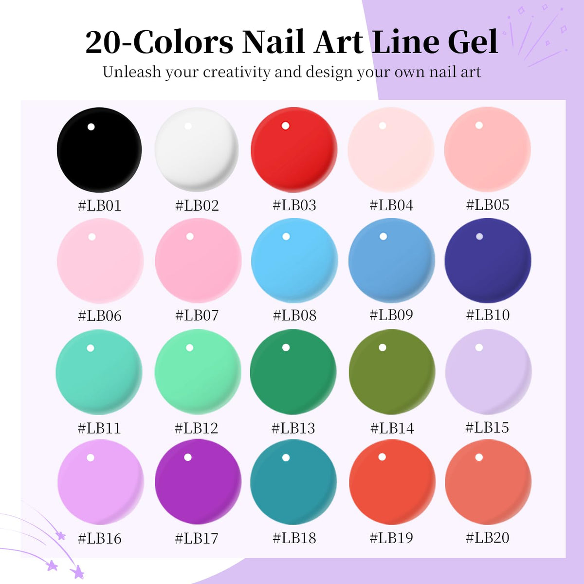 JODSONE spread of 20 vibrant gel liner colors for quick shade selection and inspiration