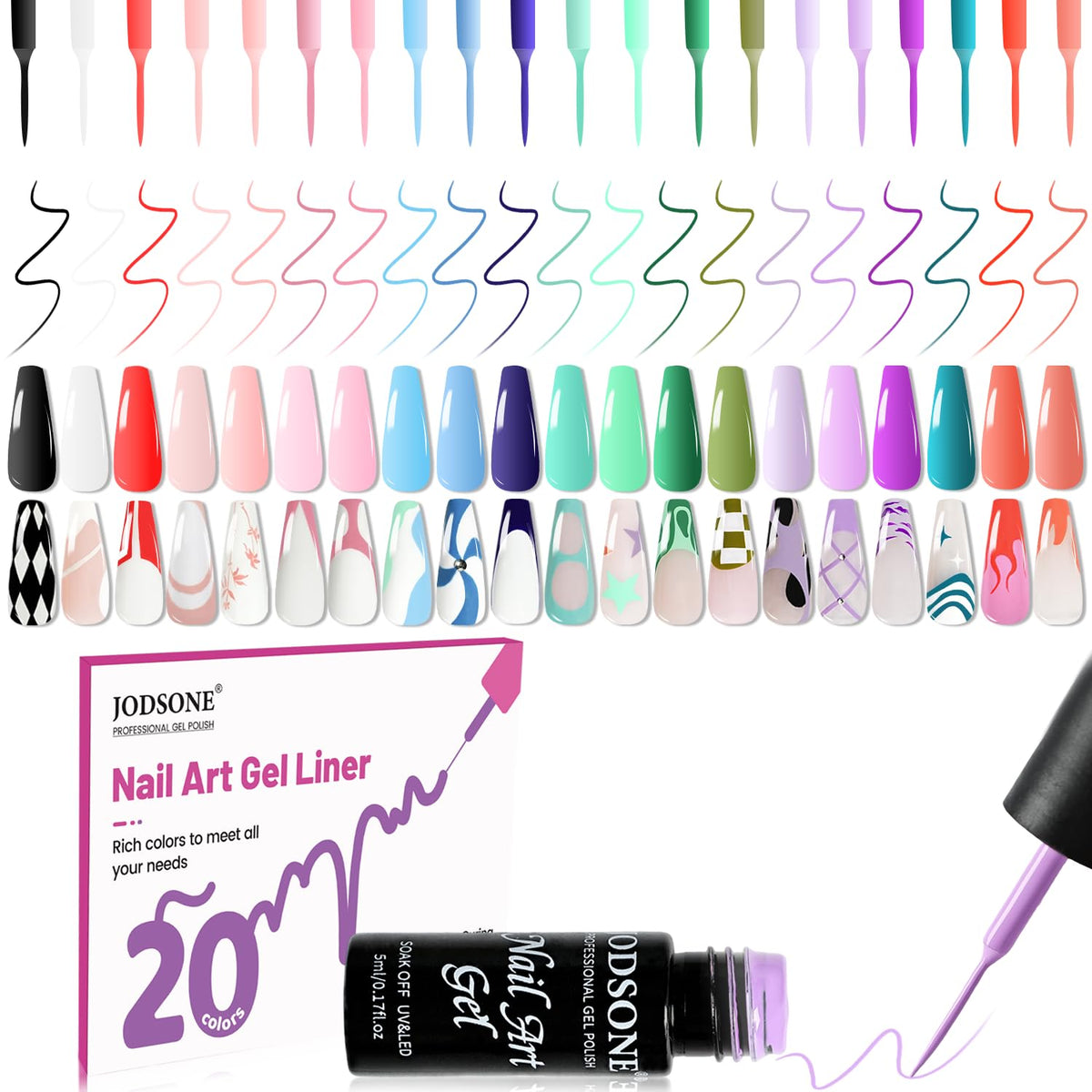 JODSONE finished nail design with multiple colors, showcasing crisp lines and glossy finish