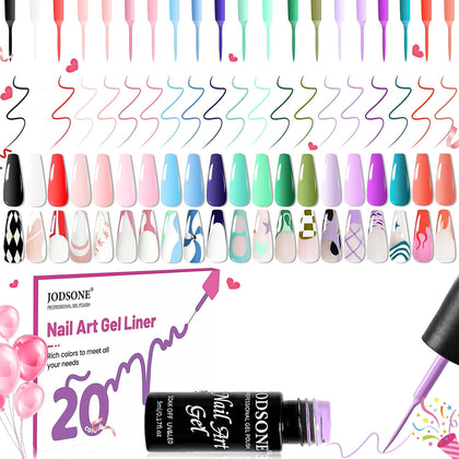 JODSONE front packaging showing 20 gel liner bottles and included brush, clear organization benefit