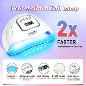 JODSONE hand curing nails inside lamp demonstrating easy at-home LED curing