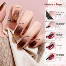 JODSONE lifestyle scene of a finished jelly manicure demonstrating glossy results