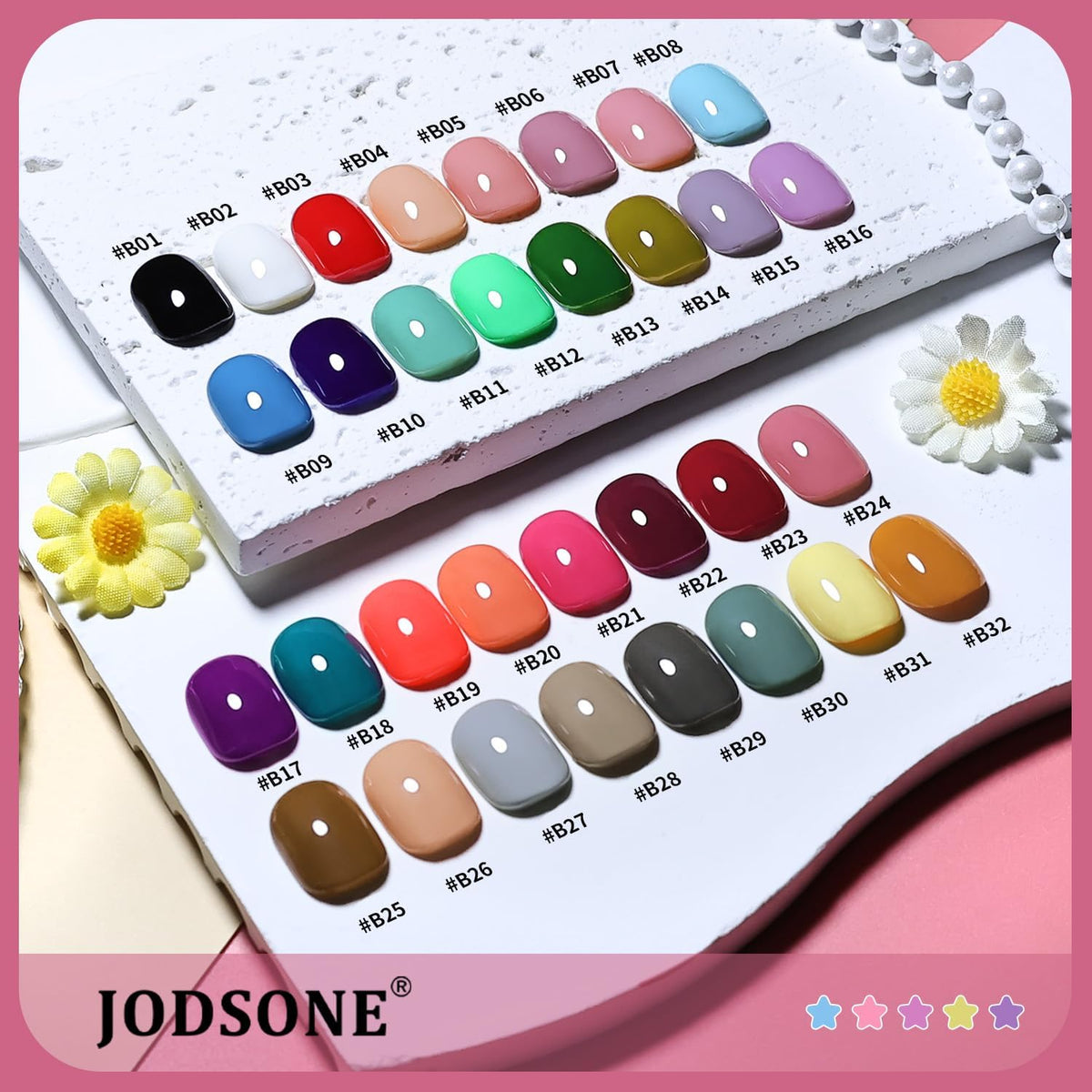 JODSONE close-up of a single bottle label showing shade name and consistent packaging