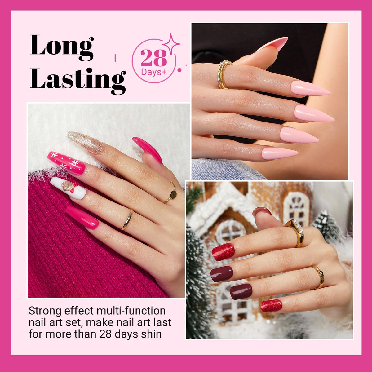JODSONE swatches on a nail wheel showing red and pink glitter shades for color choice