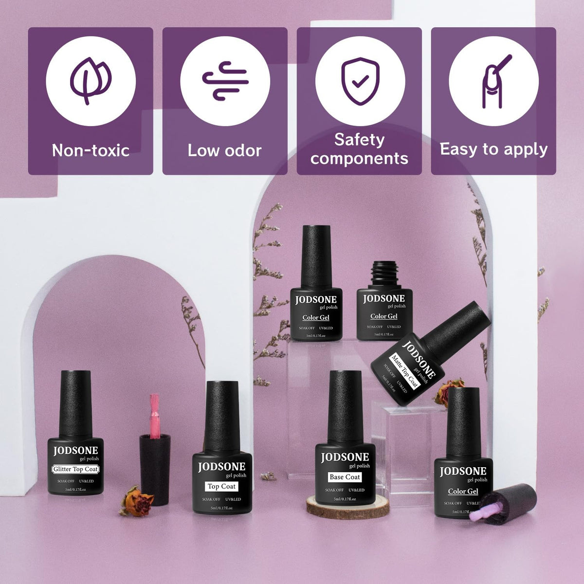 JODSONE base and top coat bottles arranged offering glossy and matte finishes
