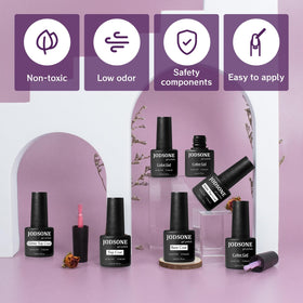 JODSONE base and top coat bottles arranged offering glossy and matte finishes