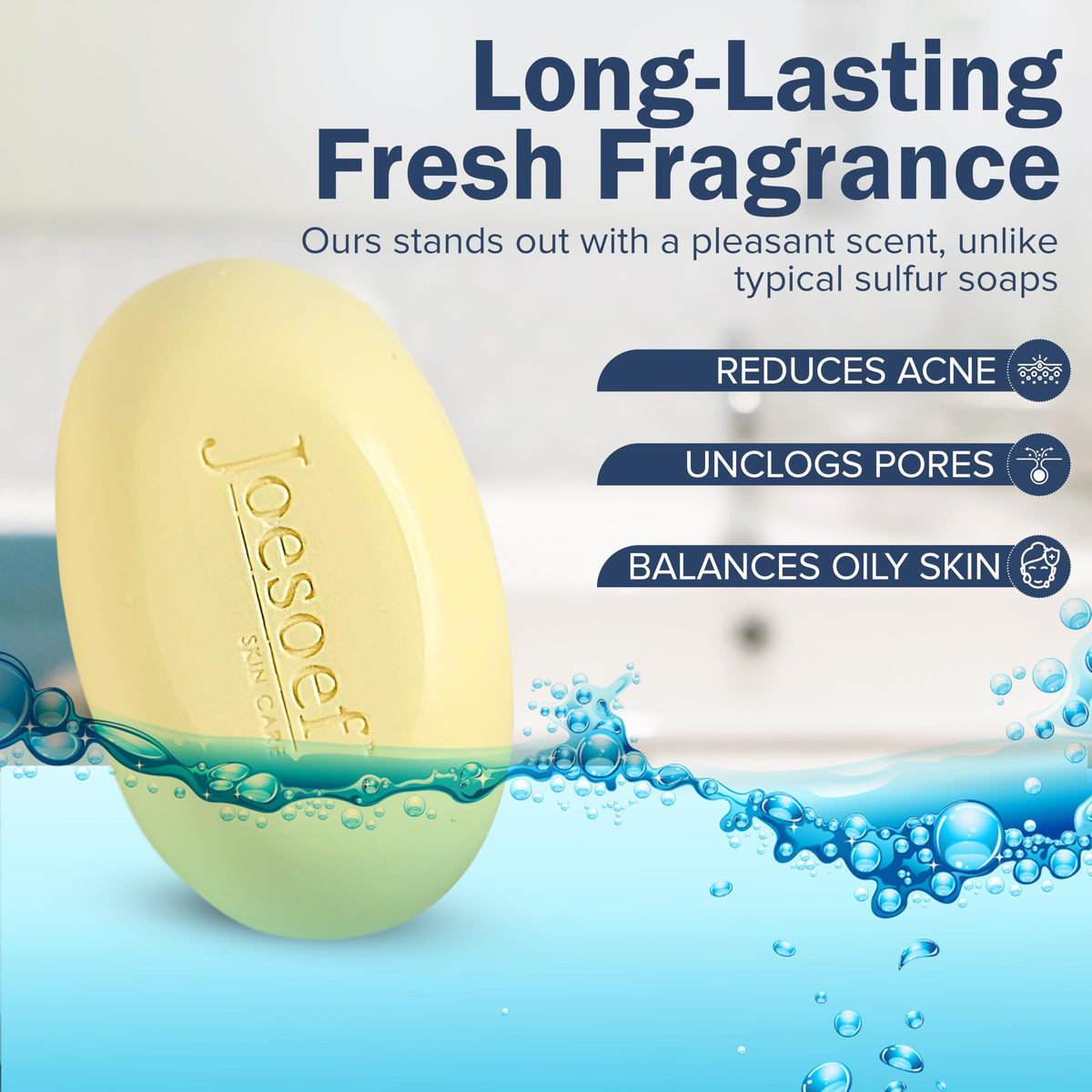JOESOEF soap placed on bathroom counter showing everyday use benefit