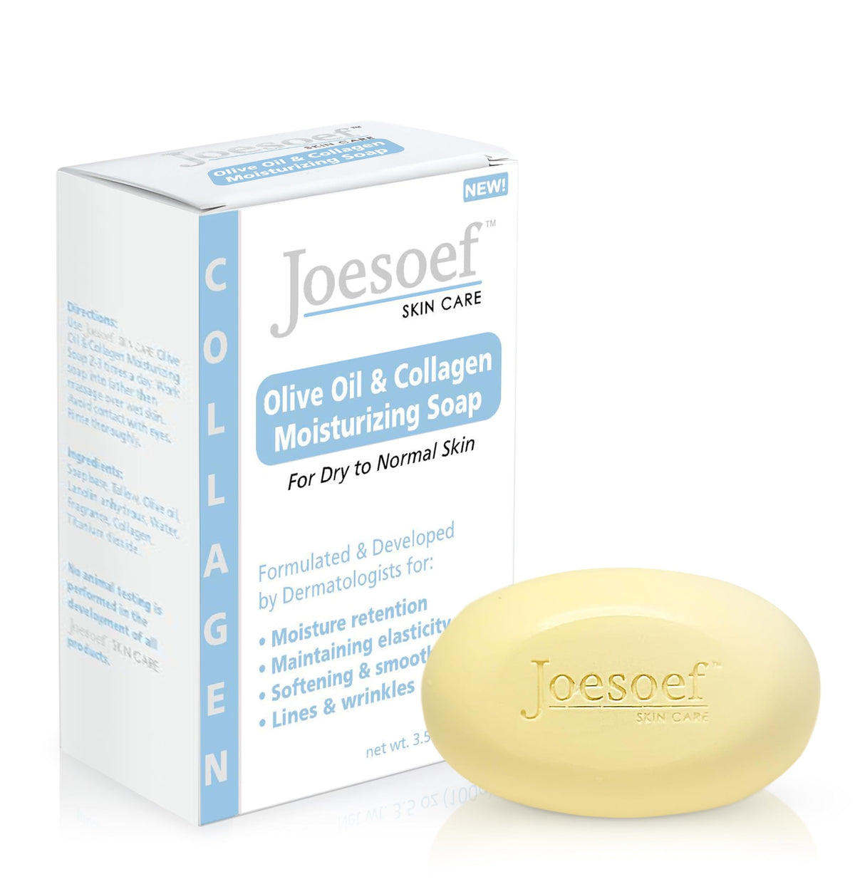 JOESOEF front packaging of the olive oil and collagen moisturizing soap showing label and size