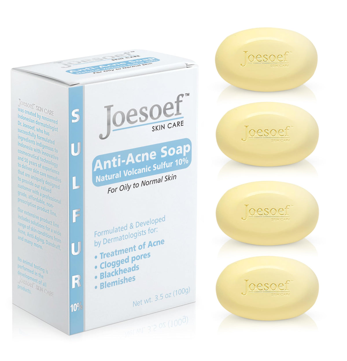 JOESOEF SKIN CARE front packaging showing four bars and benefits