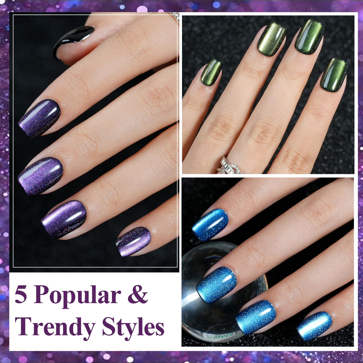 Jofay Fashion arranged nail set displaying five glitter chasing light designs